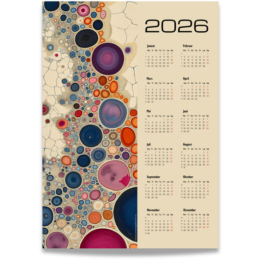 Kalender 2026 med fargerike abstrakte sirkler i ulike størrelser og årskalender på høyre side.