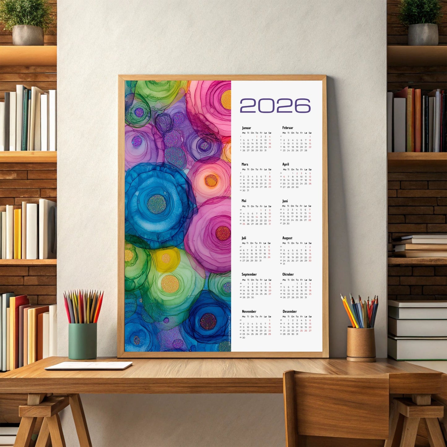 Kalender 2026 med alkoholink-inspirerte sirkler i klare, fargerike toner. Illustrasjon viser kalender i eik ramme.