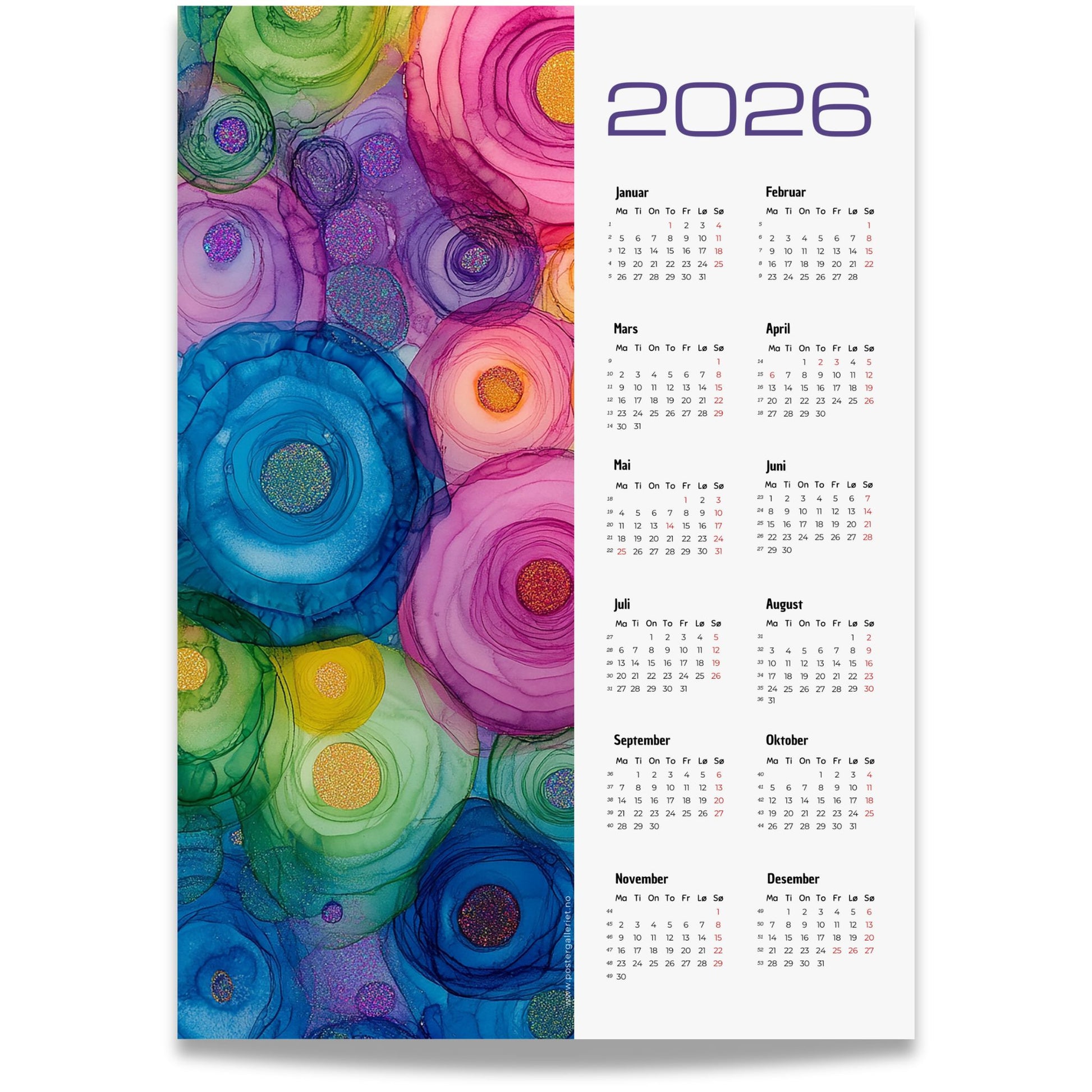 Kalender 2026 med alkoholink-inspirerte sirkler i klare, fargerike toner.