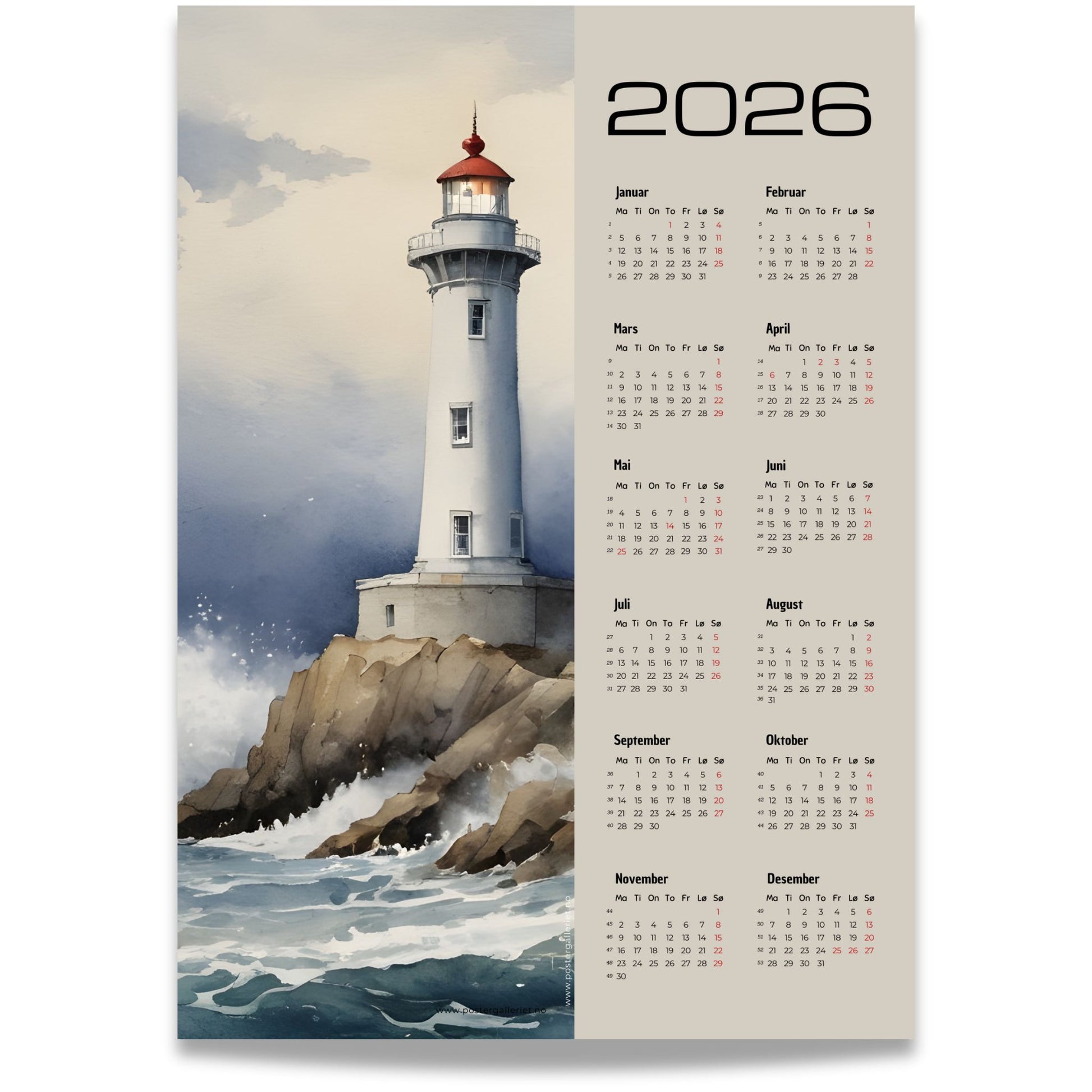 Kalender 2026 med akvarellmotiv av fyrtårn på klipper omgitt av bølger.