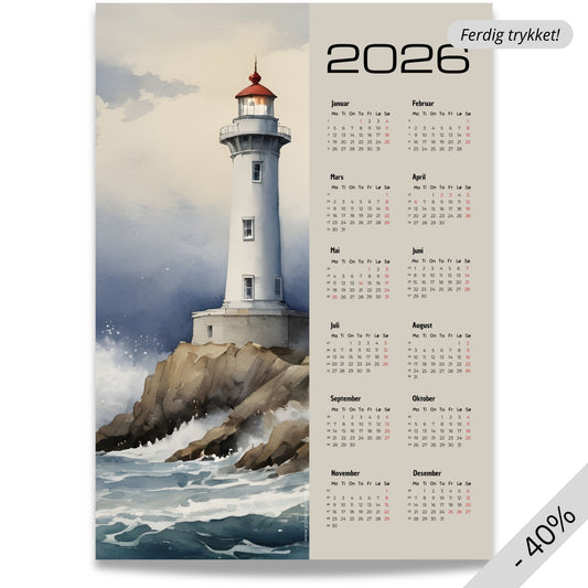 Kalender 2026 med akvarellmotiv av fyrtårn på klipper omgitt av bølger.
