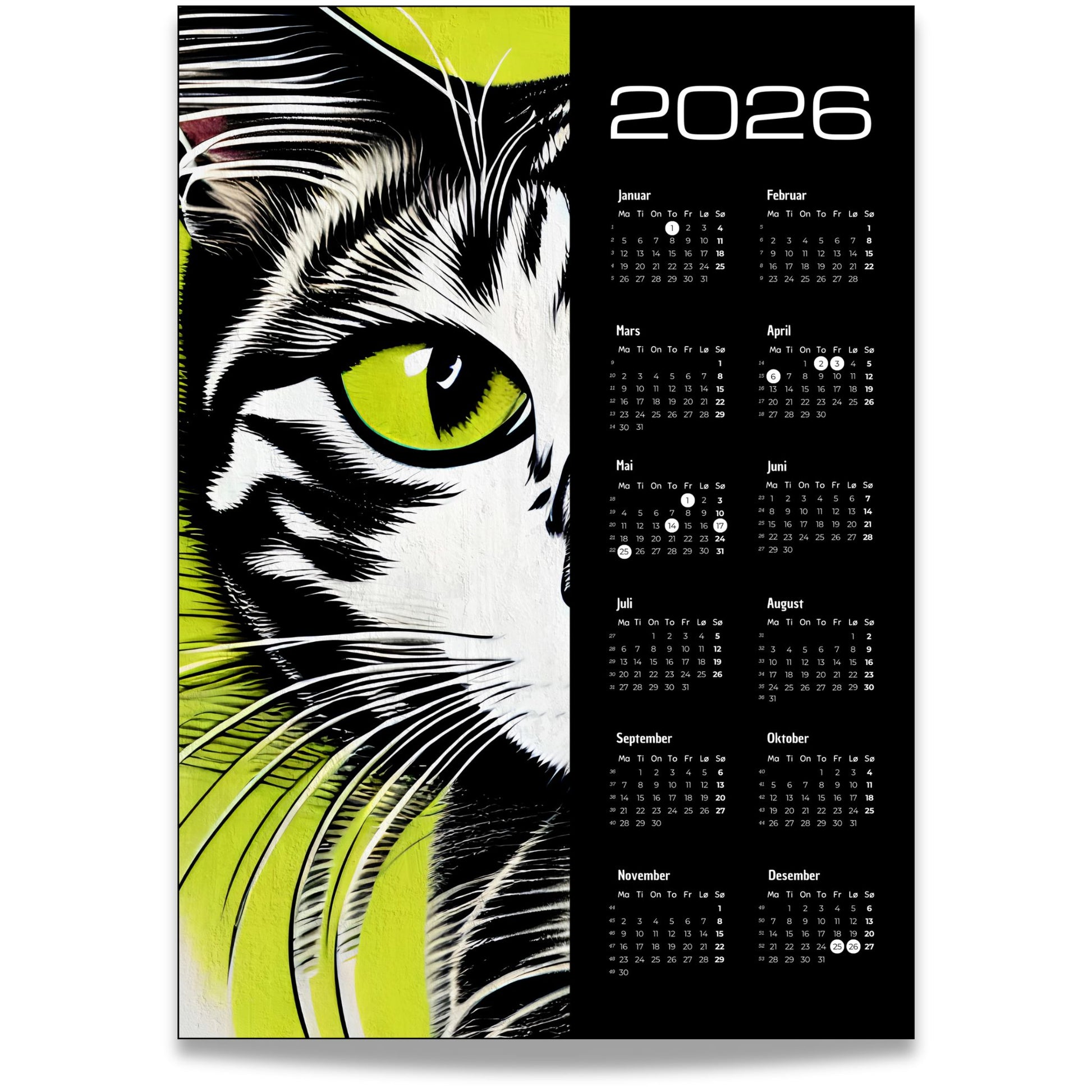 Kalender 2026 med grafisk illustrasjon av katt i svart, hvitt og grønt.
