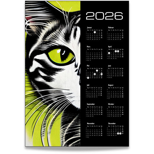 Kalender 2026 med grafisk illustrasjon av katt i svart, hvitt og grønt.