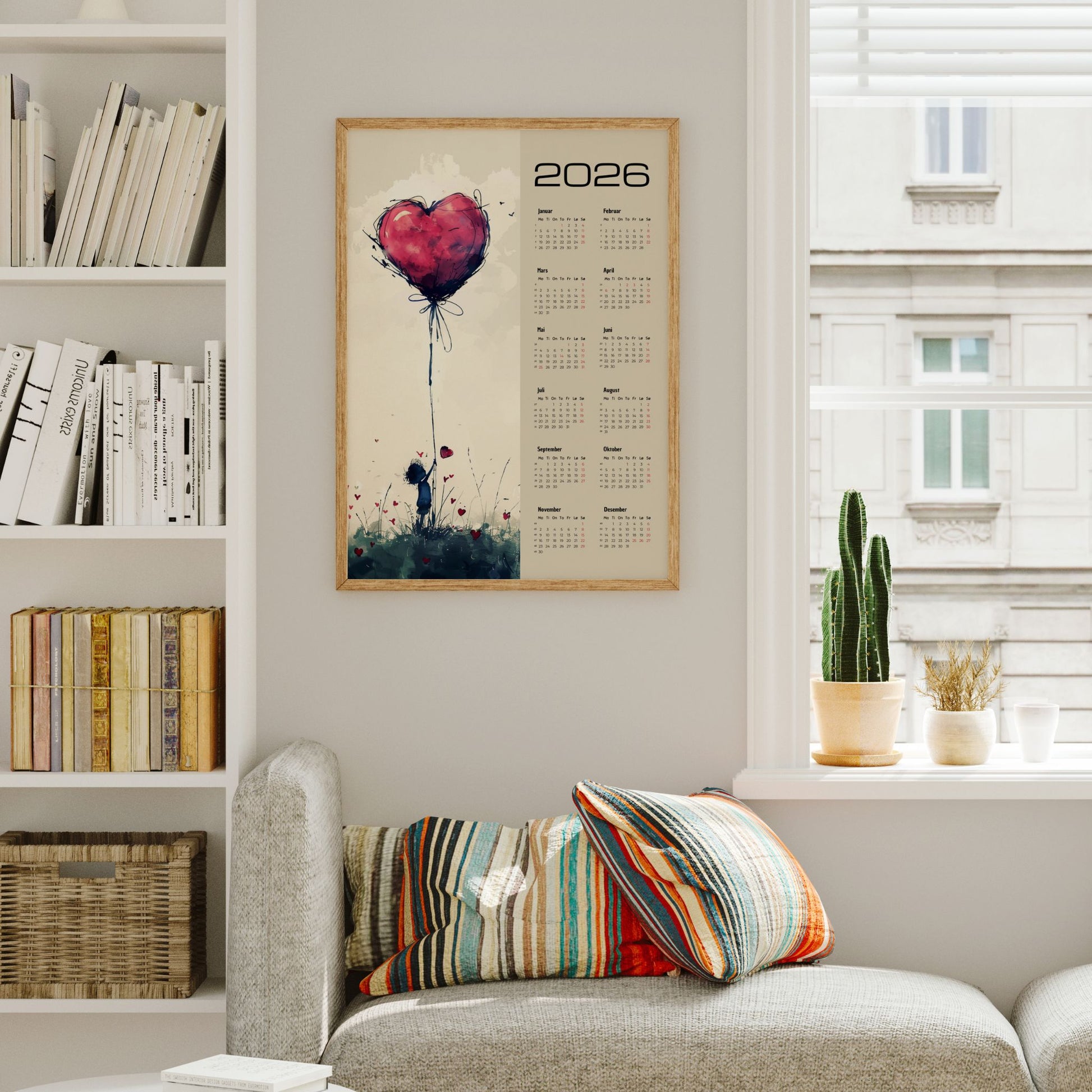 Kalender 2026 med illustrert motiv av jente og stor rød hjerteballong, med tydelig kalenderdel til høyre. Illustrasjon iser kalender i eik ramme.