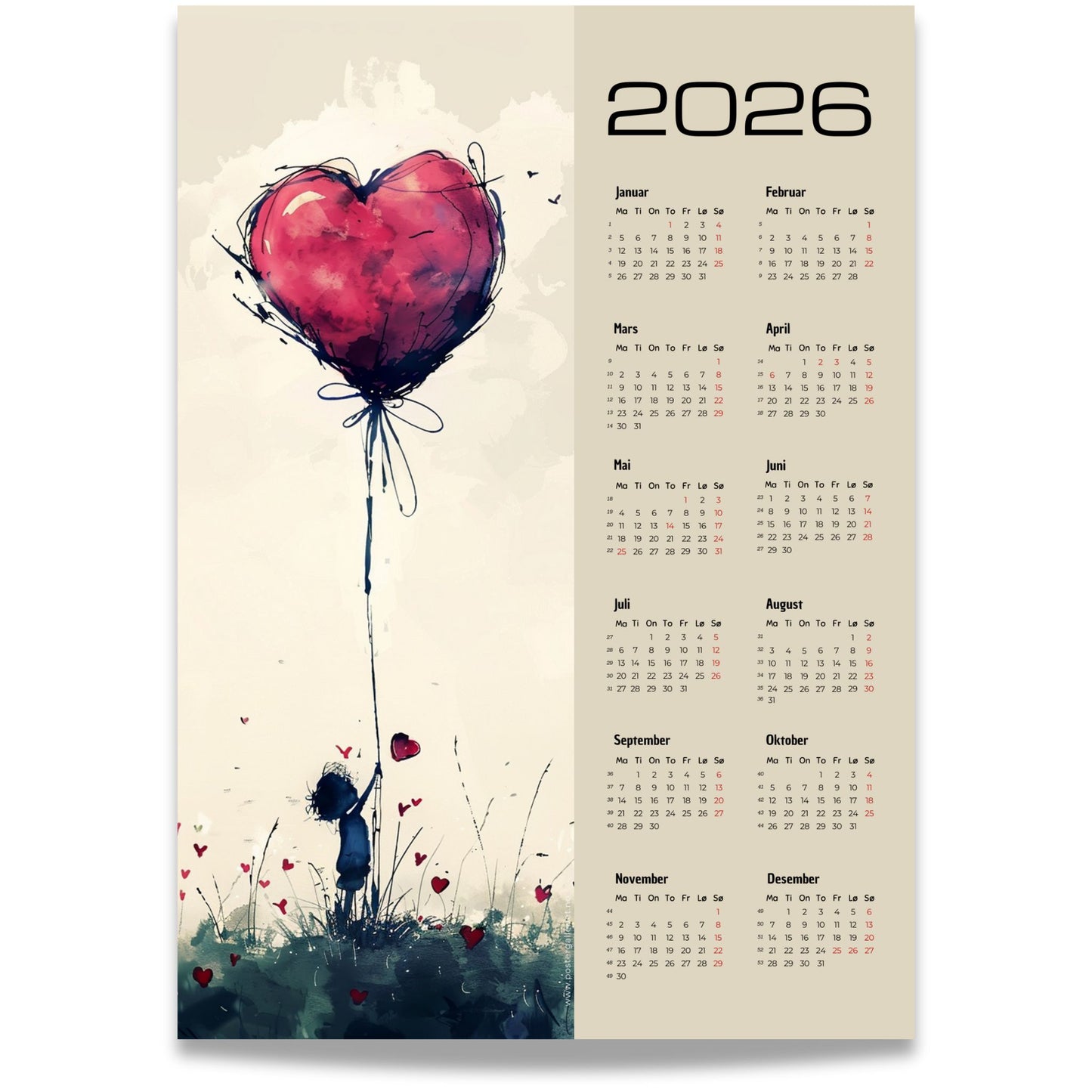 Kalender 2026 med illustrert motiv av jente og stor rød hjerteballong, med tydelig kalenderdel til høyre.