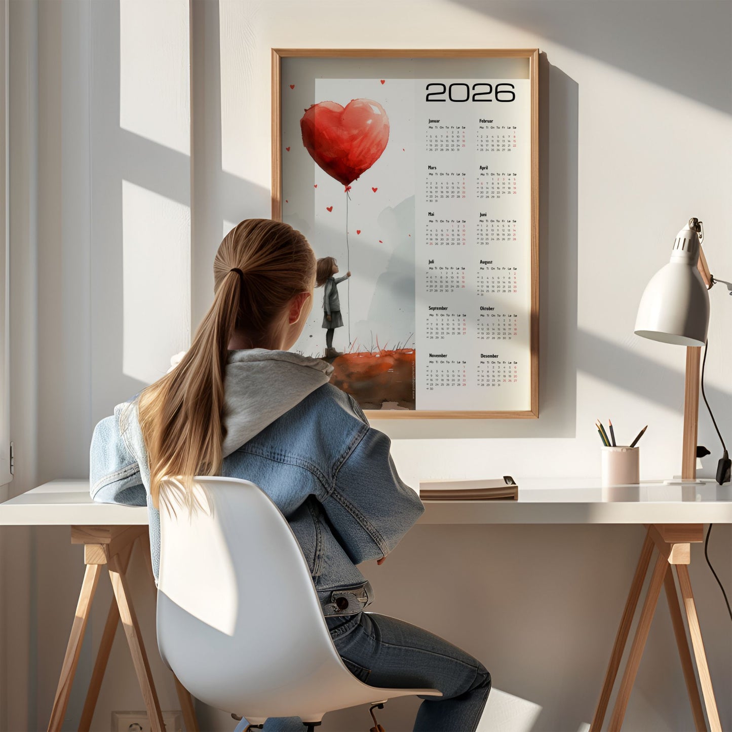 Kalender 2026 med akvarellmotiv av jente med hjerteformet ballong og oversiktlig kalenderdel. Illustrasjon viser kalender i eik ramme.