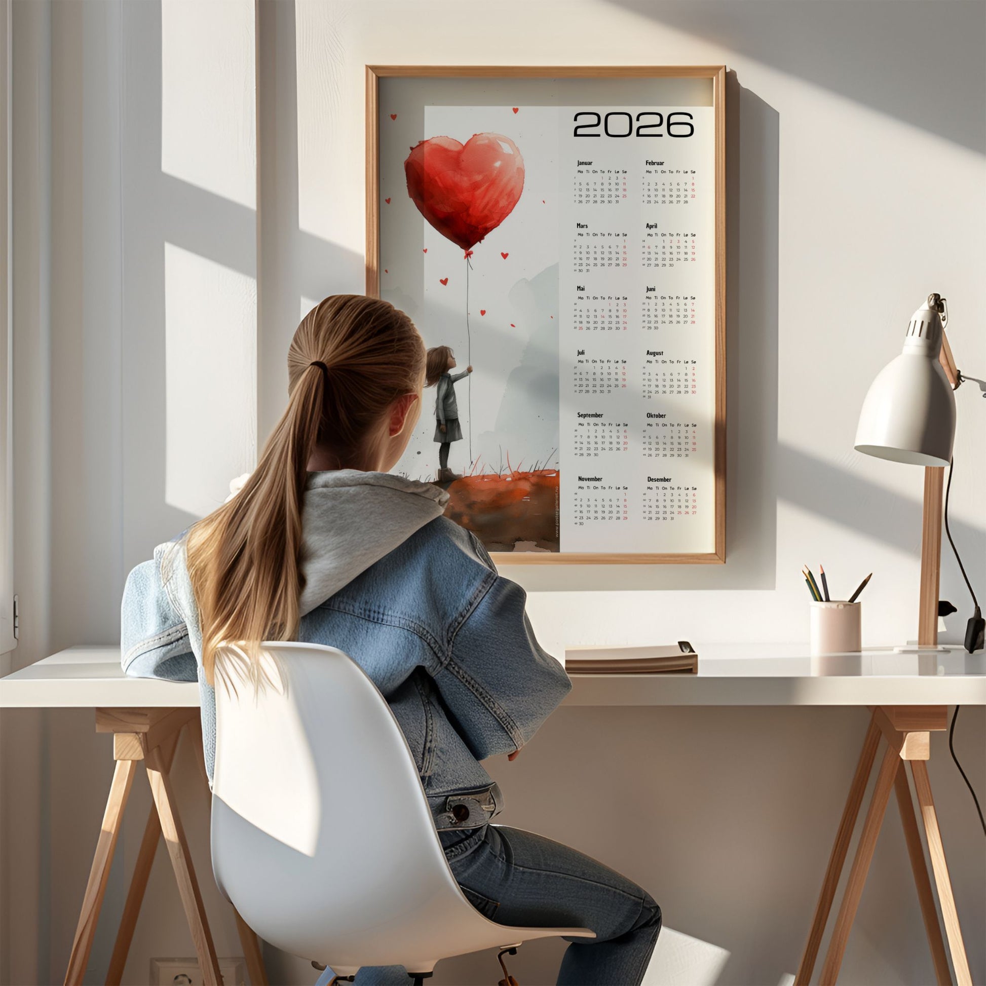 Kalender 2026 med akvarellmotiv av jente med hjerteformet ballong og oversiktlig kalenderdel. Illustrasjon viser kalender i eik ramme.