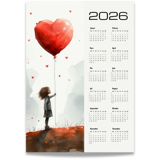 Kalender 2026 med akvarellmotiv av jente med hjerteformet ballong og oversiktlig kalenderdel.