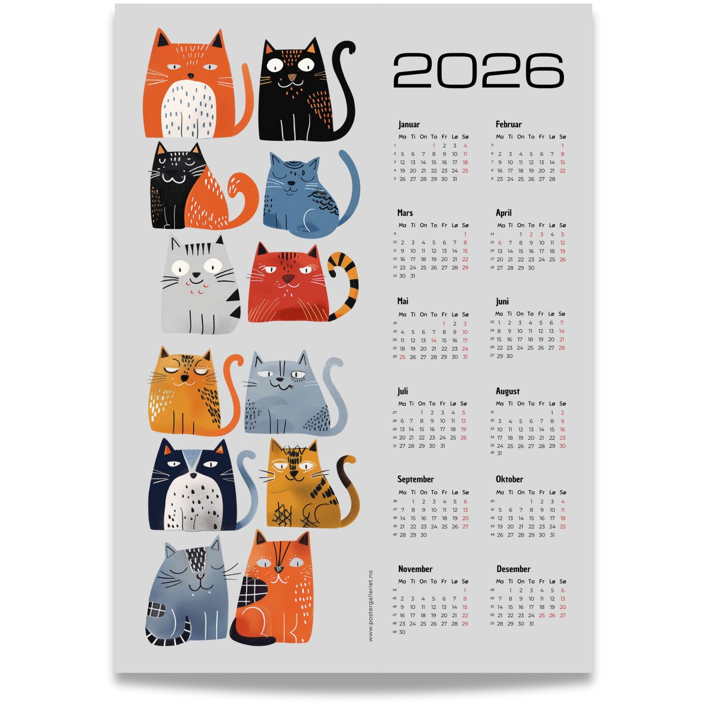 Grafisk kalender 2026 med fargerik katteillustrasjon og moderne layout.