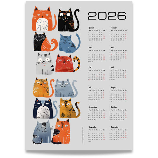 Grafisk kalender 2026 med fargerik katteillustrasjon og moderne layout.
