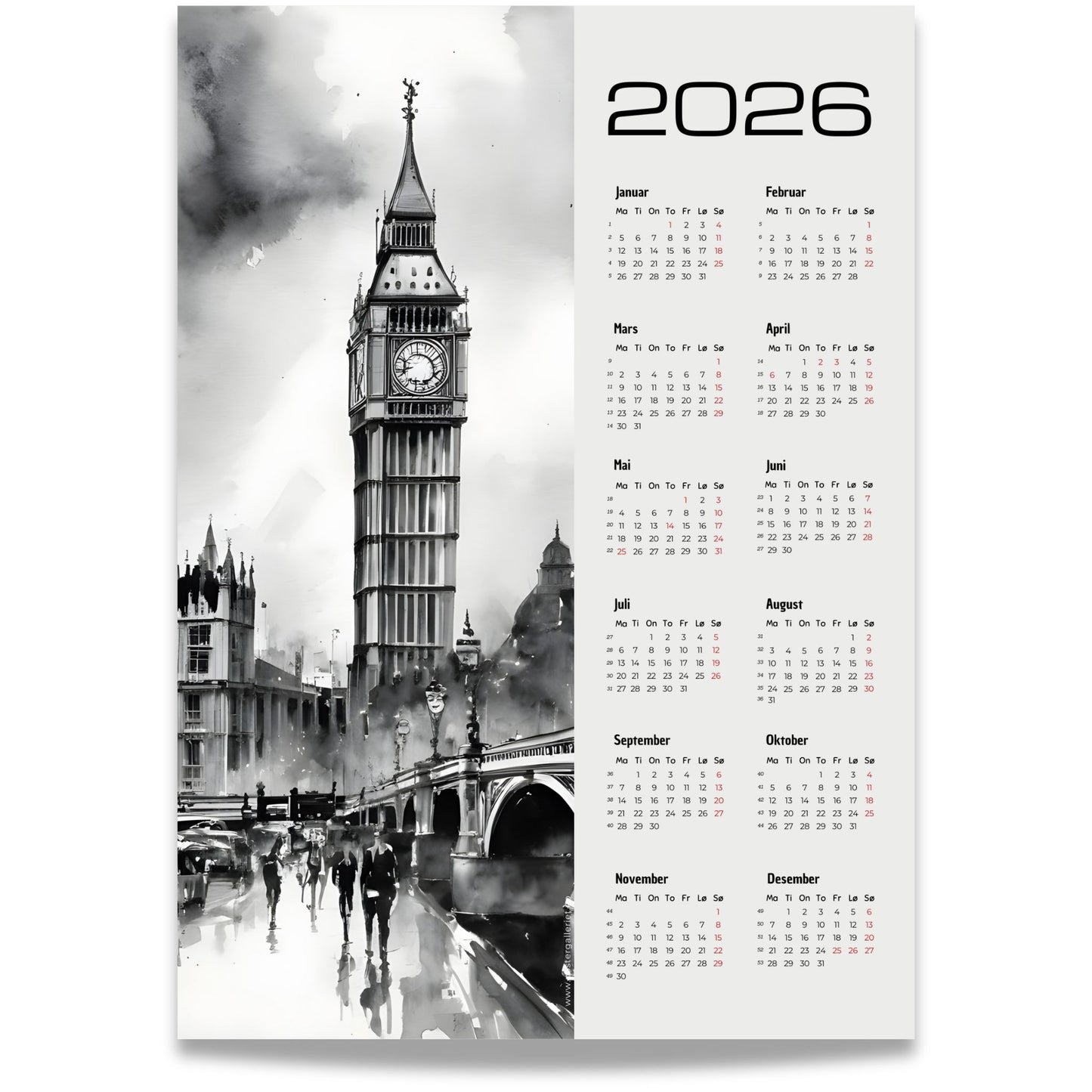 Kalender 2026 med sort/hvitt akvarellmotiv av Big Ben og Westminster.