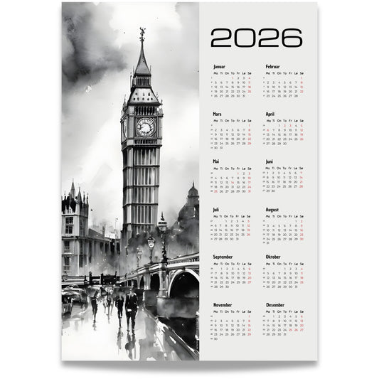 Kalender 2026 med sort/hvitt akvarellmotiv av Big Ben og Westminster.
