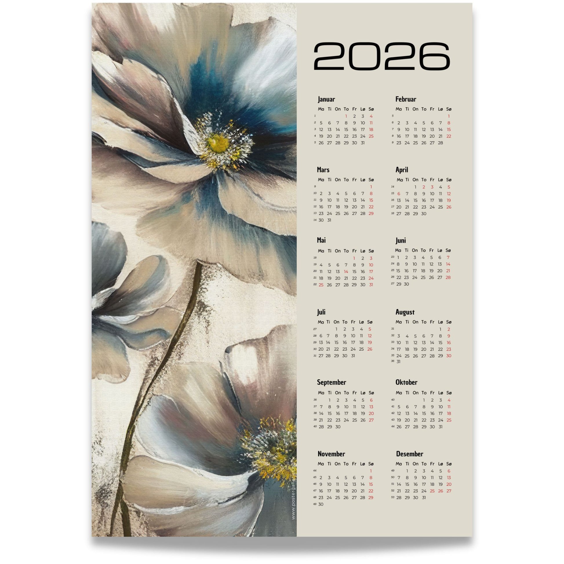 Kalender 2026 med malte blomster i dempede naturtoner og helårsoversikt.