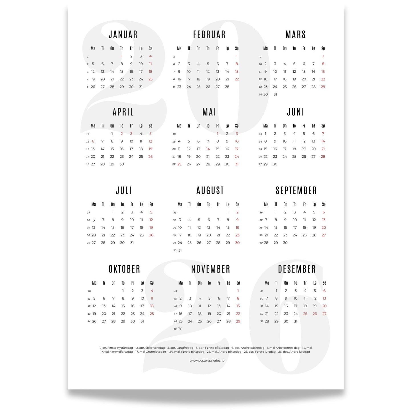 Minimalistisk årskalender 2026 med stort, lyst grått årstall og en oversiktlig visning av årets måneder.