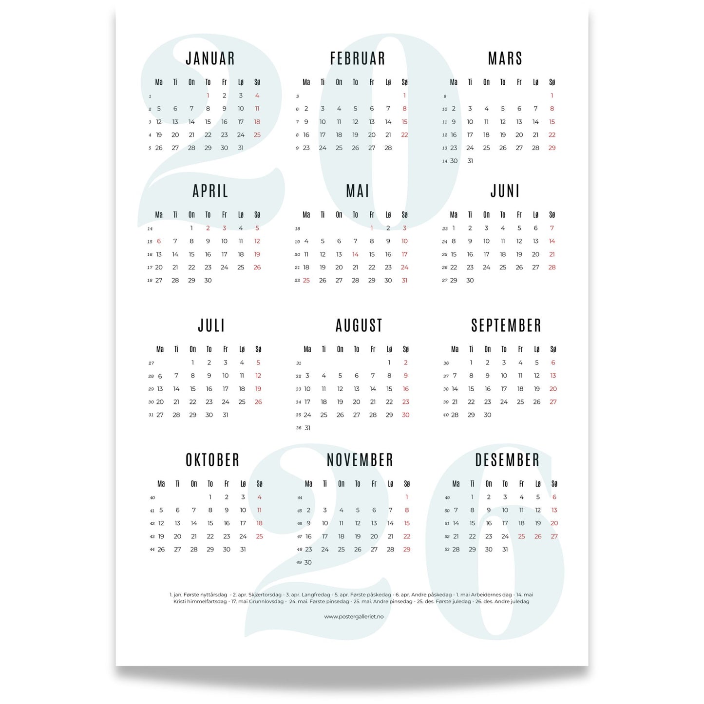 «Minimalistisk årskalender 2026 med stort, dempet grønt årstall i bakgrunnen og tydelig kalenderoppsett.»