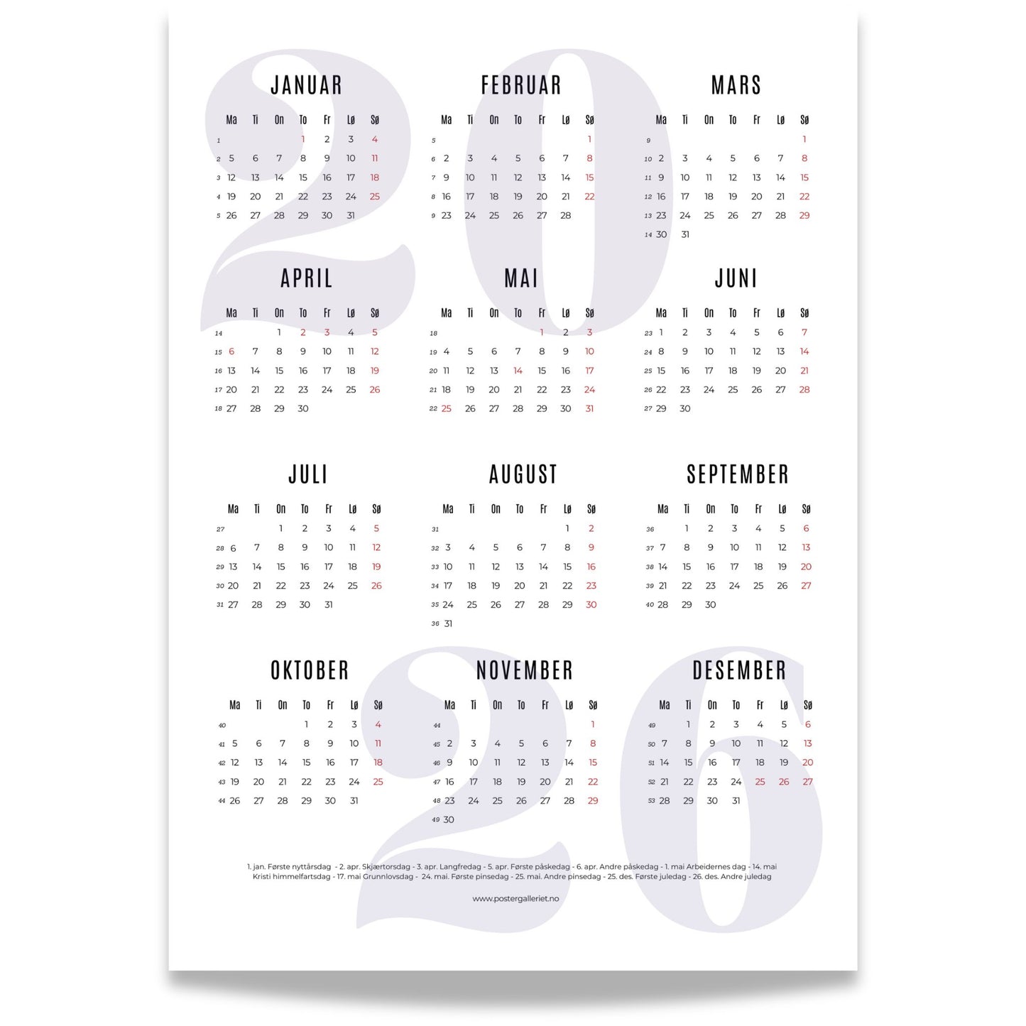 Minimalistisk årskalender 2026 med stort, mykt lilla årstall i bakgrunnen og klar måned-til-måned-oversikt.