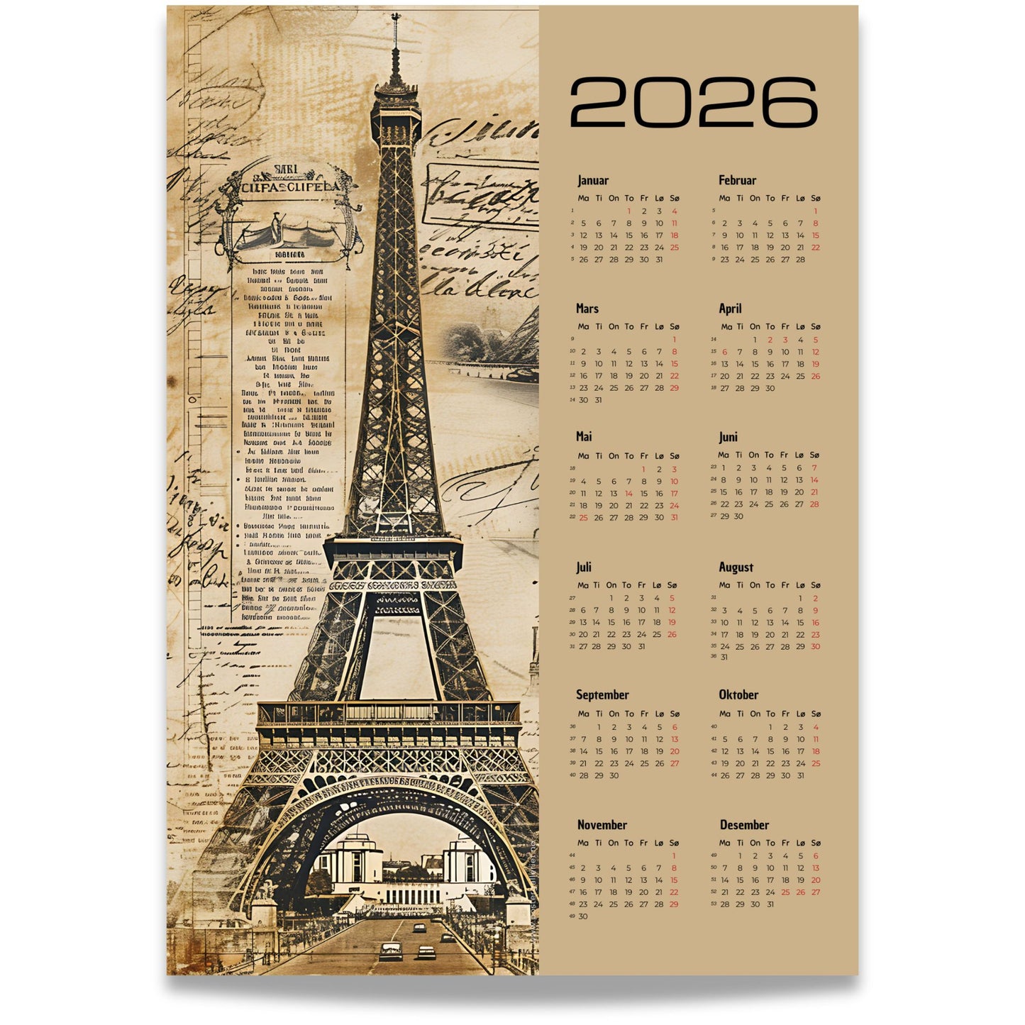 Kalender 2026 med vintage-motiv av Eiffeltårnet og retro bakgrunn.