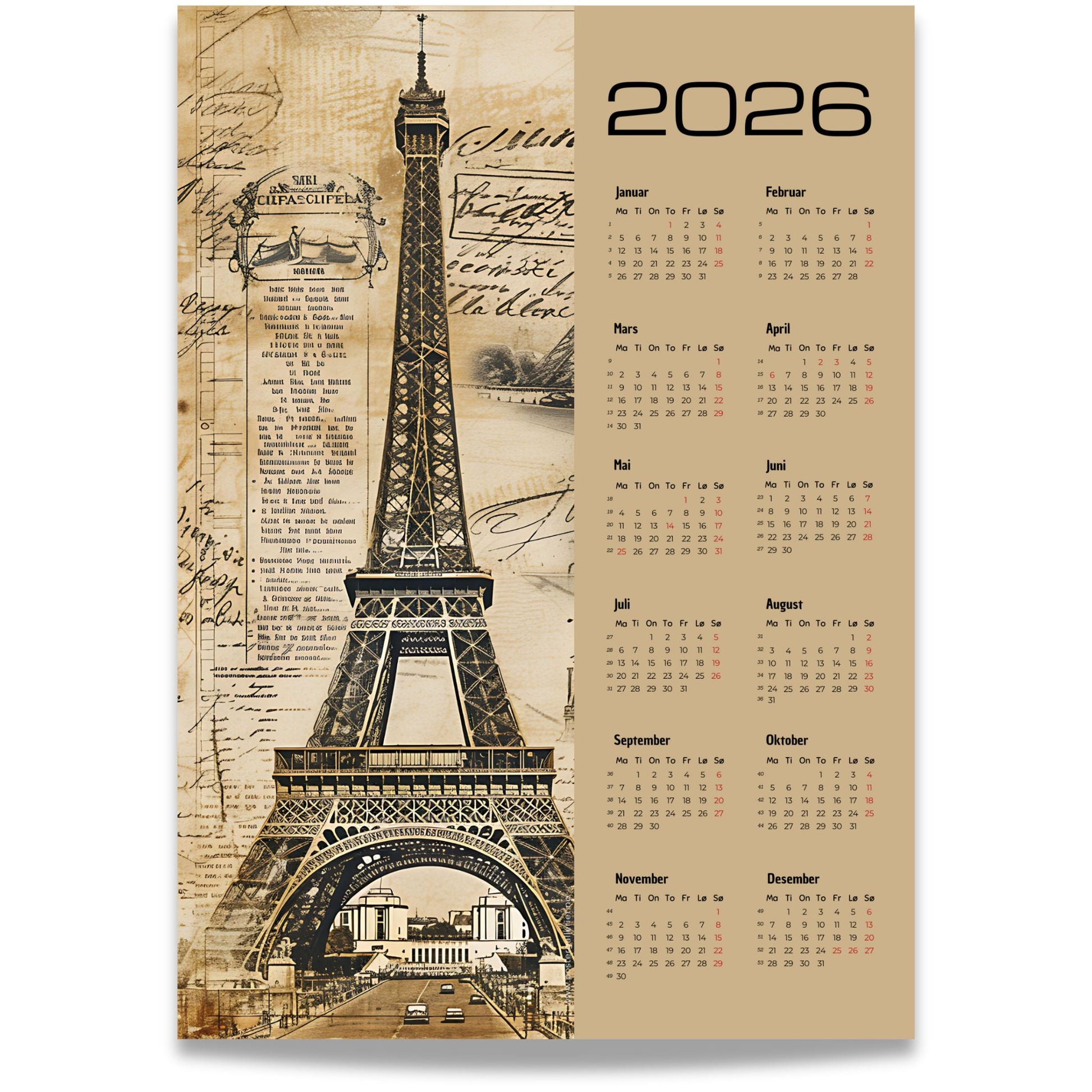 Kalender 2026 med vintage-motiv av Eiffeltårnet og retro bakgrunn.