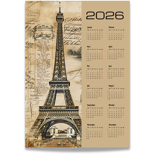 Kalender 2026 med vintage-motiv av Eiffeltårnet og retro bakgrunn.