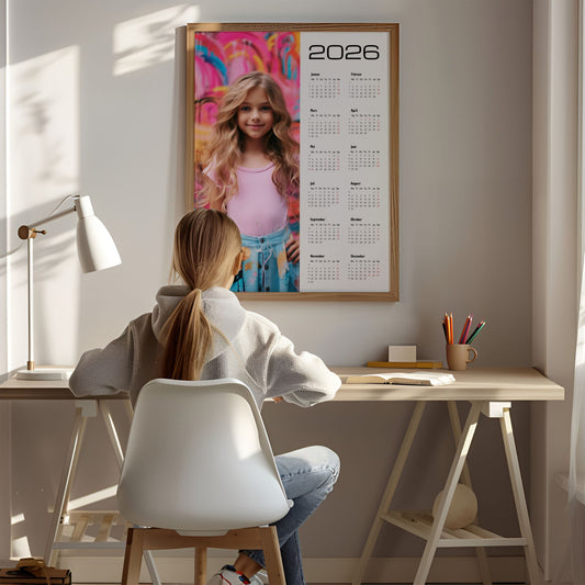 Kalender 2026 med plass for eget opplastet bilde og moderne, minimalistisk layout. Illustrasjon viser kalender i eik ramme på et barnerom.