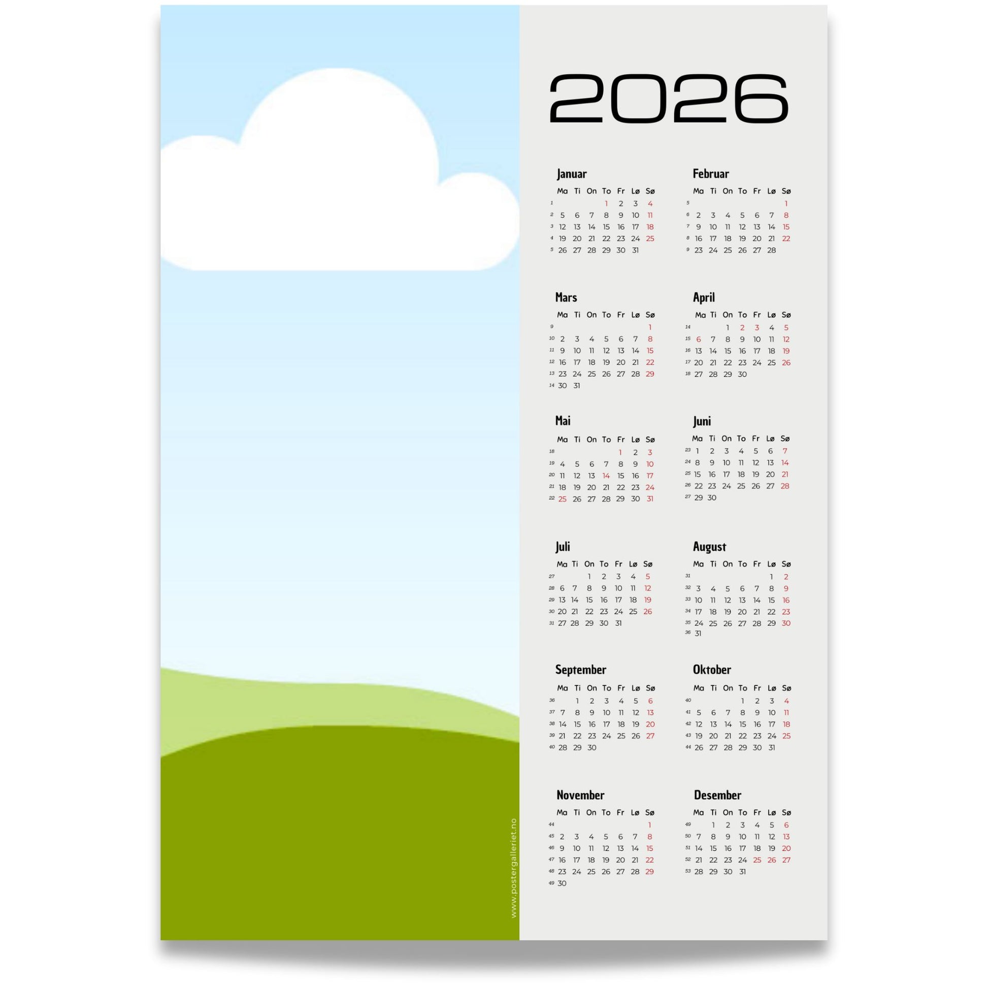 Kalender 2026 med plass for eget opplastet bilde og moderne, minimalistisk layout.