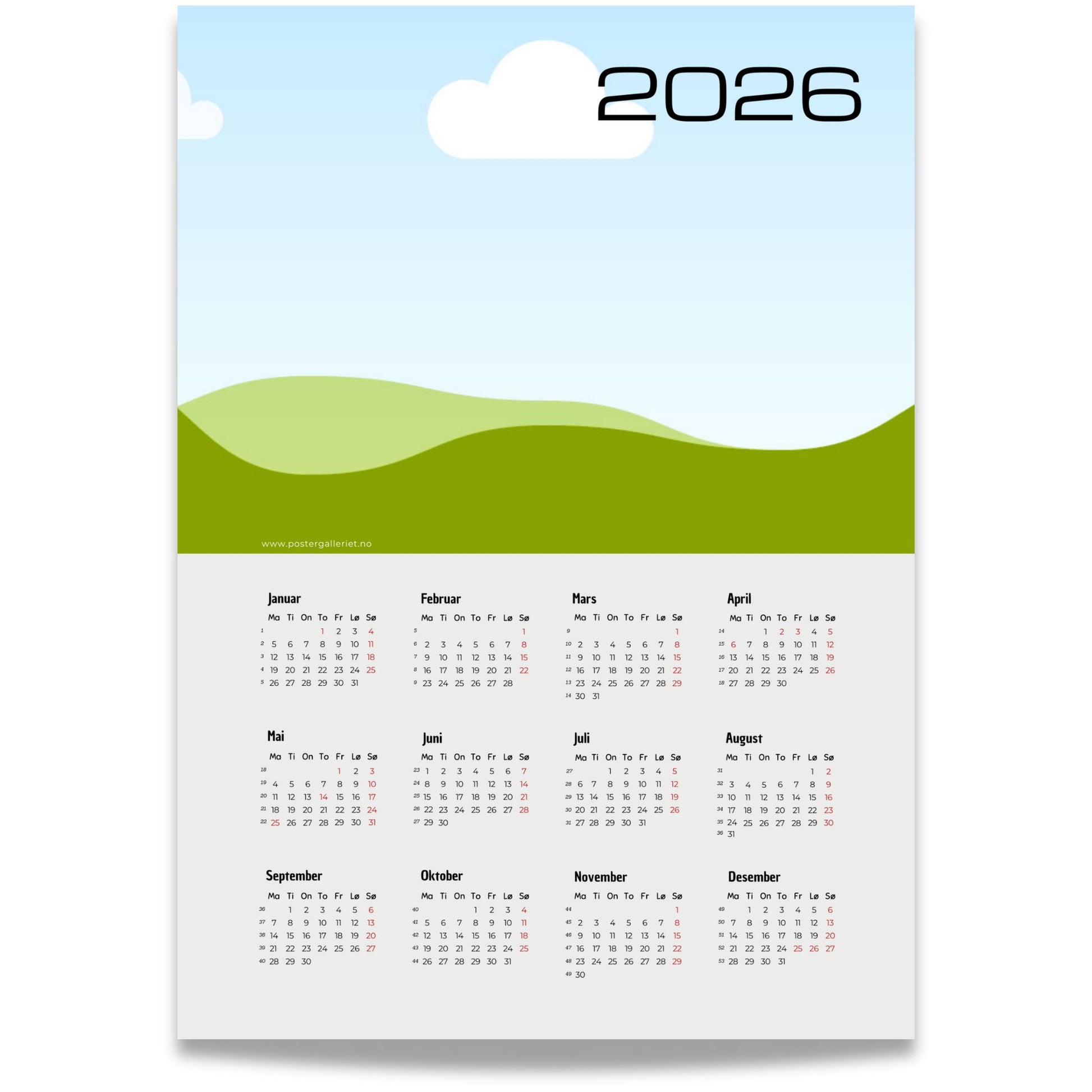 Kalender 2026 med plass for eget opplastet bilde og moderne, minimalistisk layout. Illustrasjon viser kalender i eik ramme.