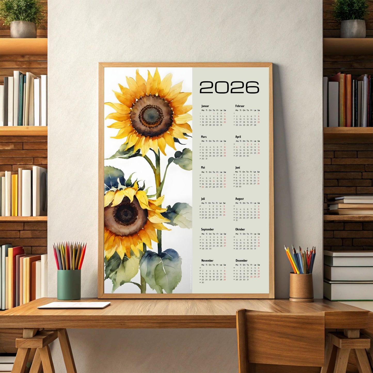 Kalender 2026 med store solsikker i akvarellstil ved siden av årskalender. Illustrasjon viser kalender i eik ramme.
