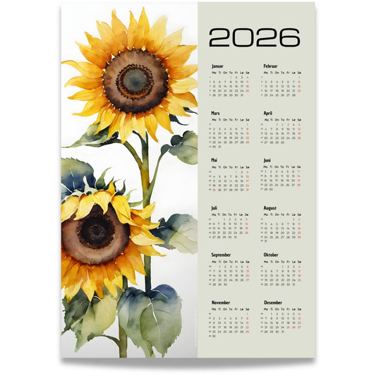 Kalender 2026 med store solsikker i akvarellstil ved siden av årskalender.