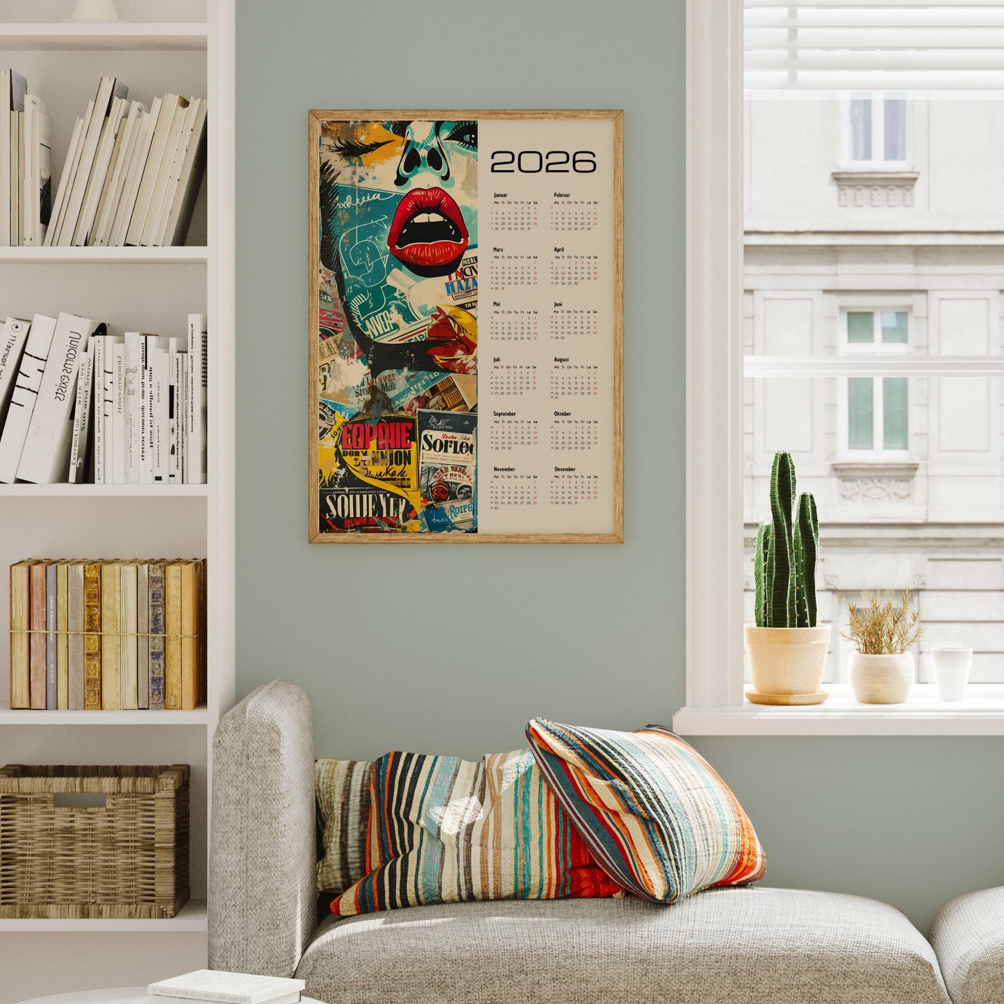 Kalender 2026 med urban pop-art collage og tydelig kalenderoppsett. Illustrasjon viser kalender i eik ramme.