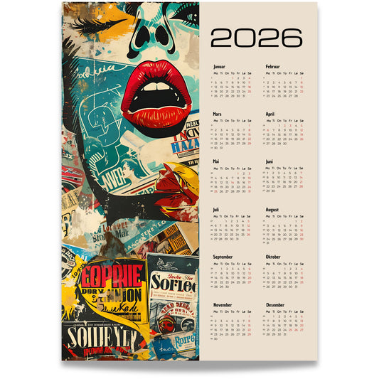 Kalender 2026 med urban pop-art collage og tydelig kalenderoppsett.