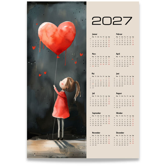 Kalender 2027 med pike og rød hjerteballong på beige bakgrunn.