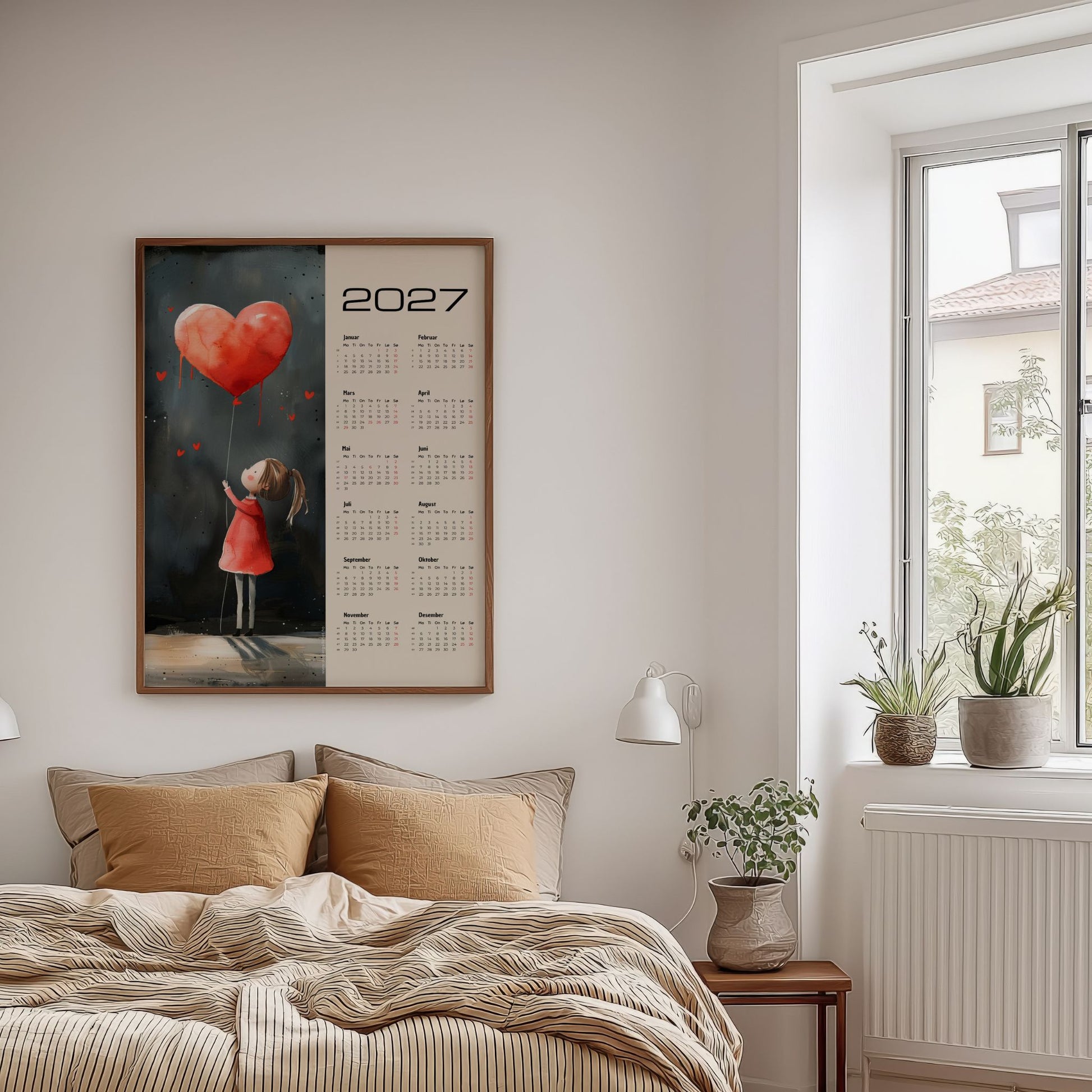Kalender 2027 med hjerteballong i eikeramme på vegg i lyst soverom. Beige bakgrunn.