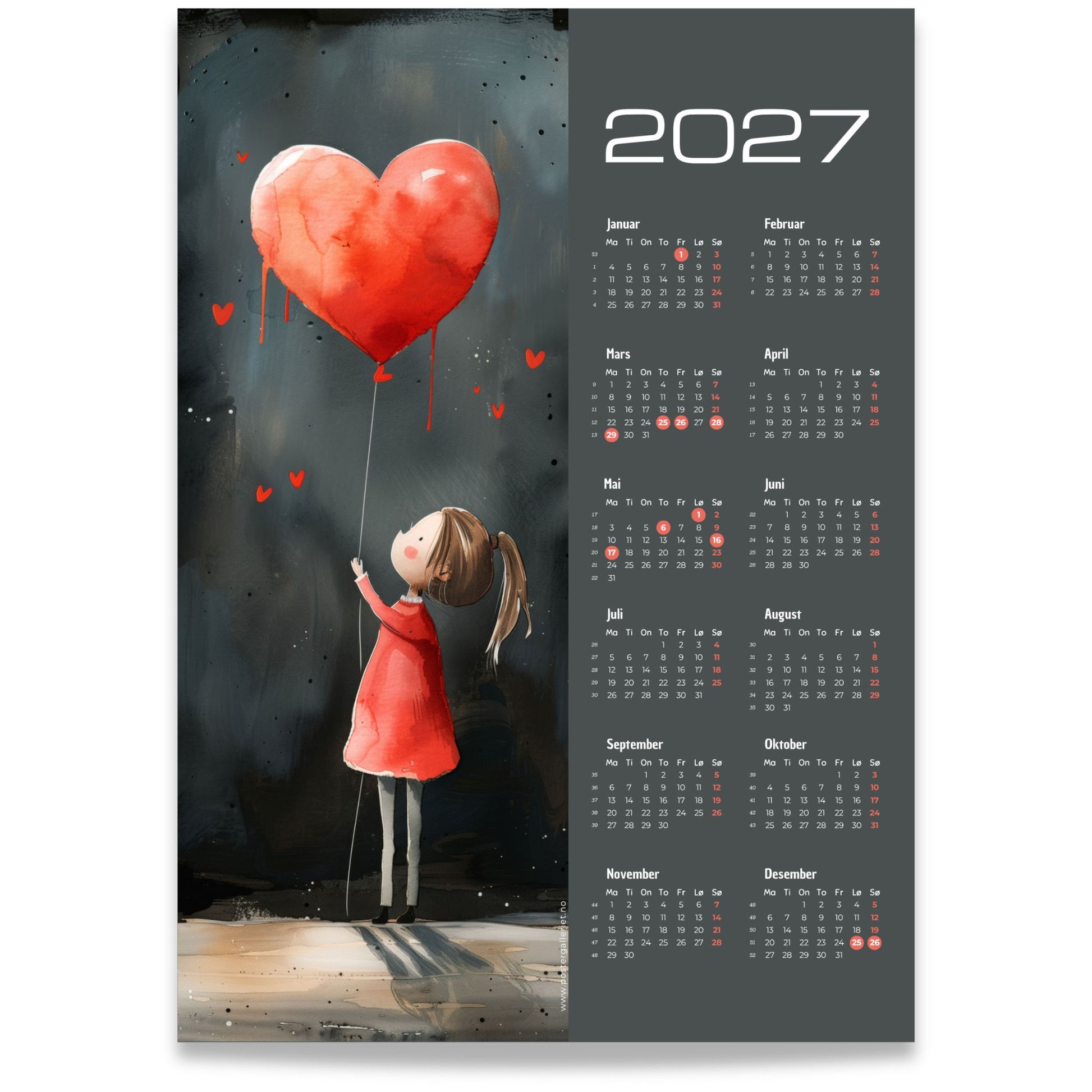 Kalender 2027 med pike og rød hjerteballong på nørk bakgrunn.