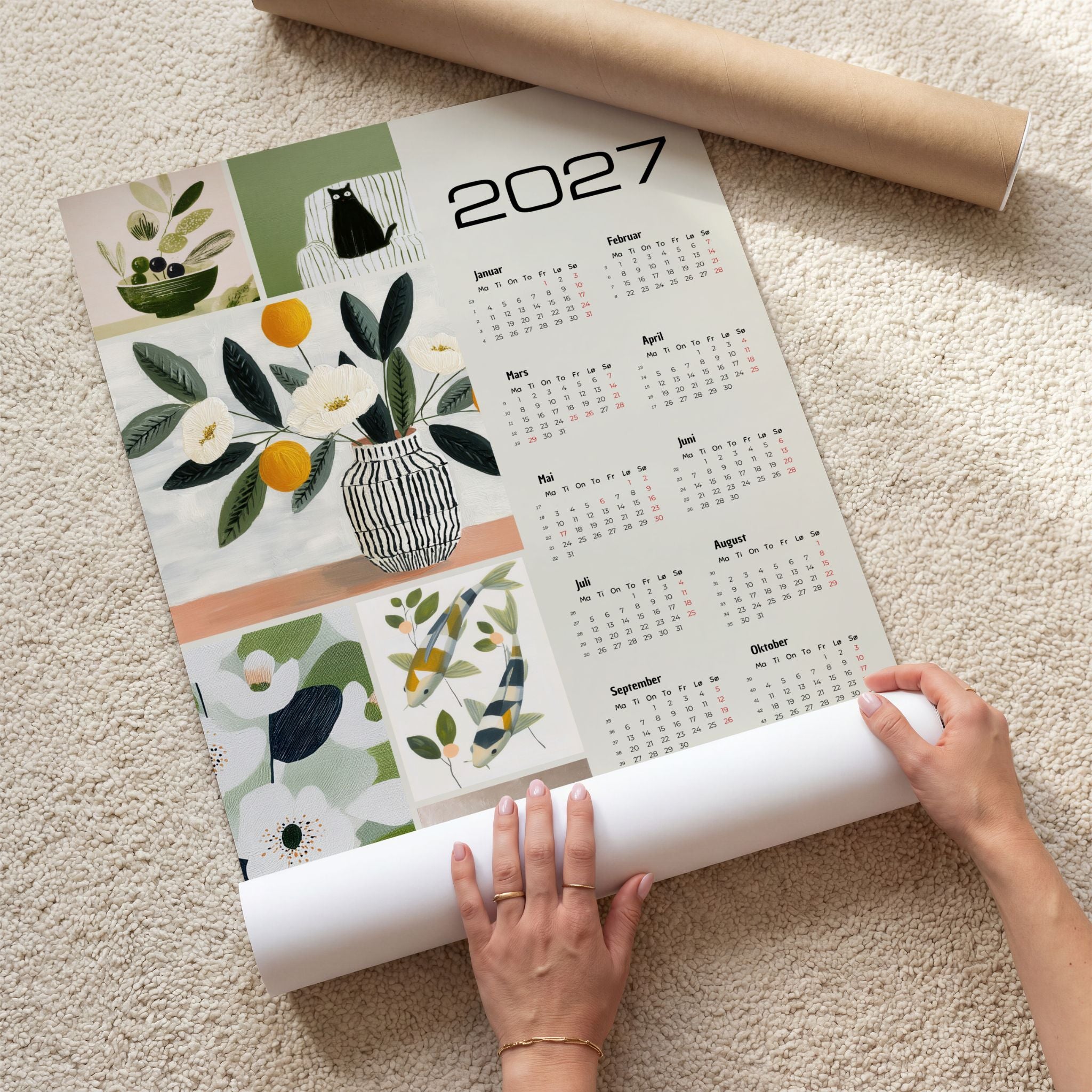 Illustrert kalender 2027 med blomster og grafiske motiver, vist utrullet på lyst teppe