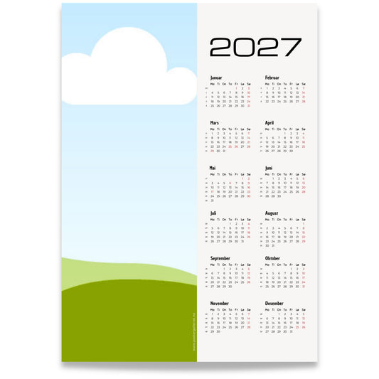 Kalender 2027 med stort bildefelt for eget bilde på venstre side og kalender på høyre side
