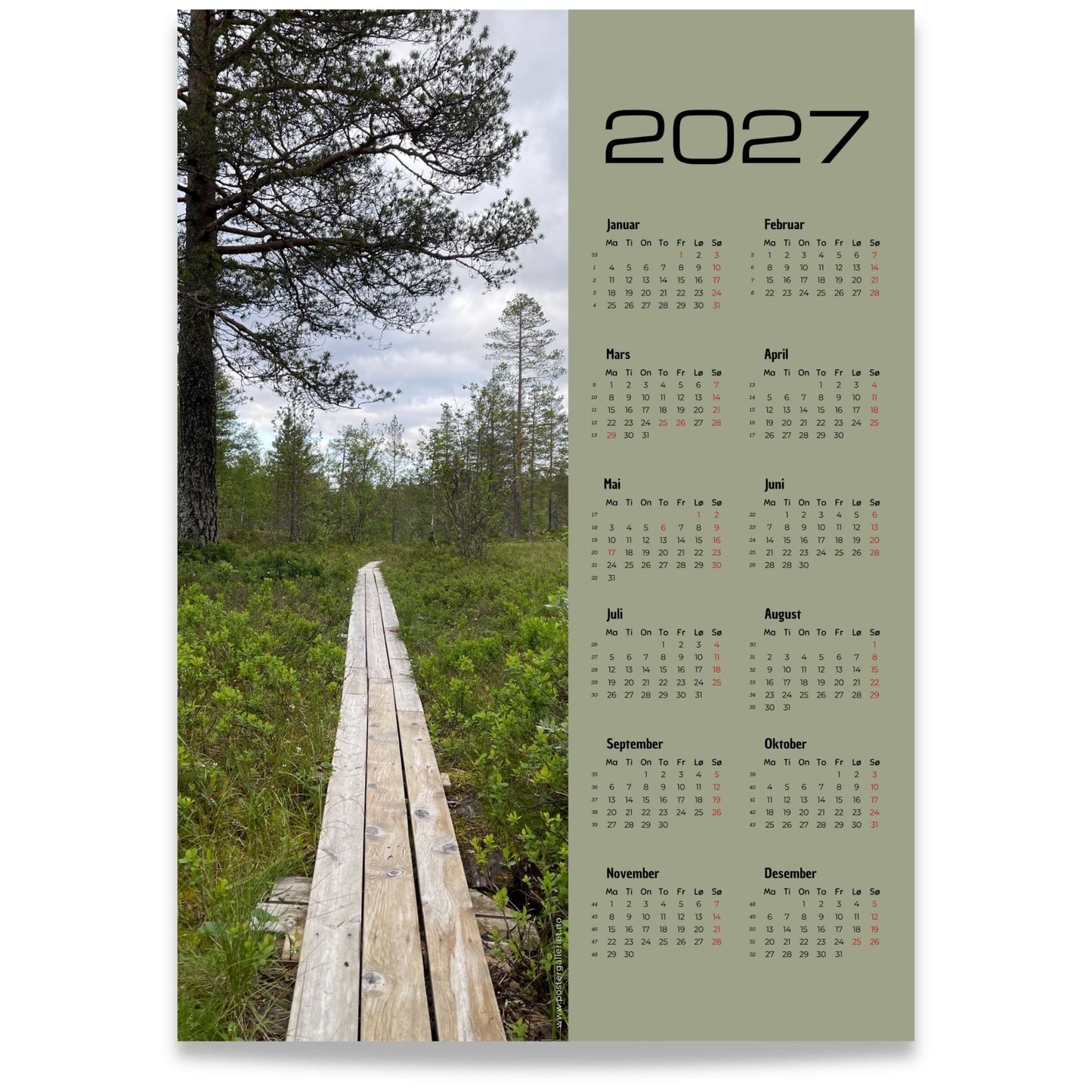 Kalender 2027 med naturfoto av plankesti ved Øyingen i Steinkjer