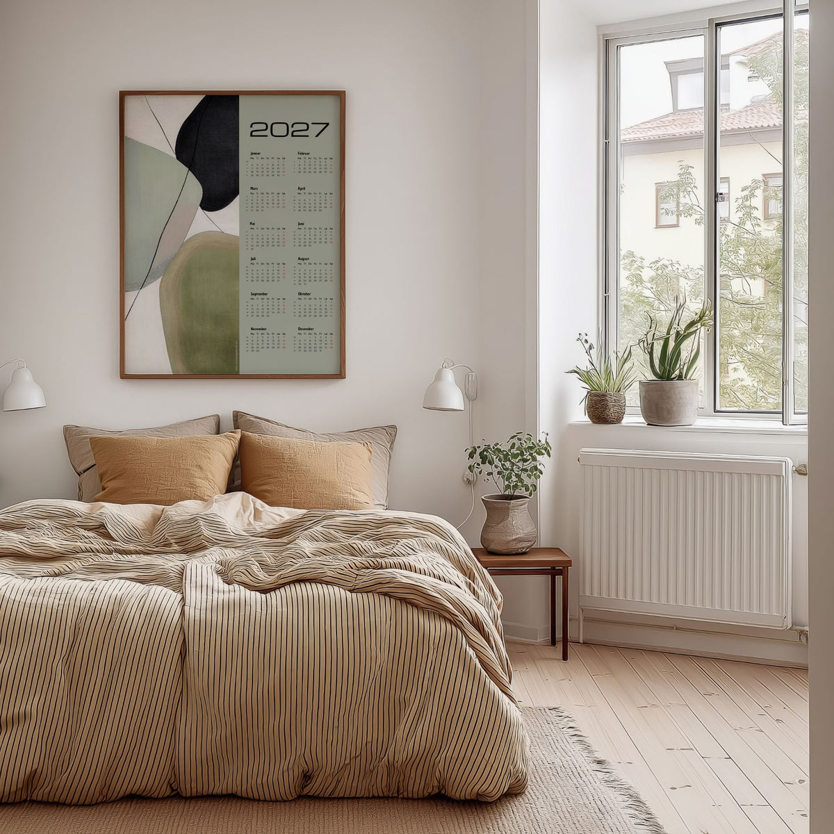 Grafisk veggkalender 2027 med Soft Balance-motiv i lyst soverom