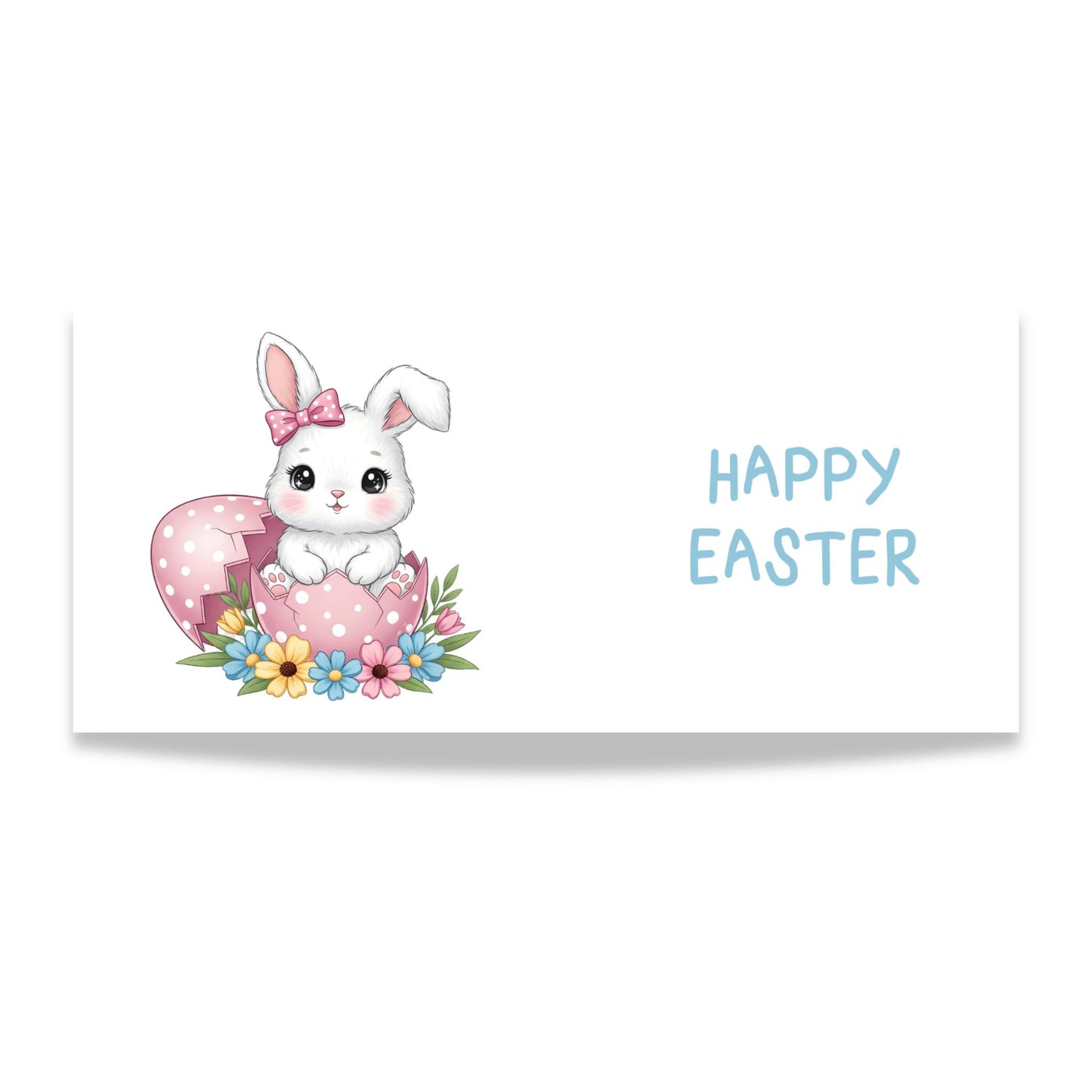 Illustrasjon av hvit kanin med rosa sløyfe som sitter i rosa påskeegg omgitt av blomster og teksten Happy Easter.