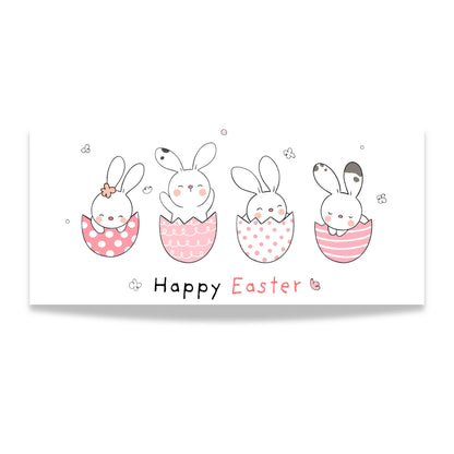 Illustrasjon av fire søte kaniner i rosa dekorerte eggeskall med teksten Happy Easter.