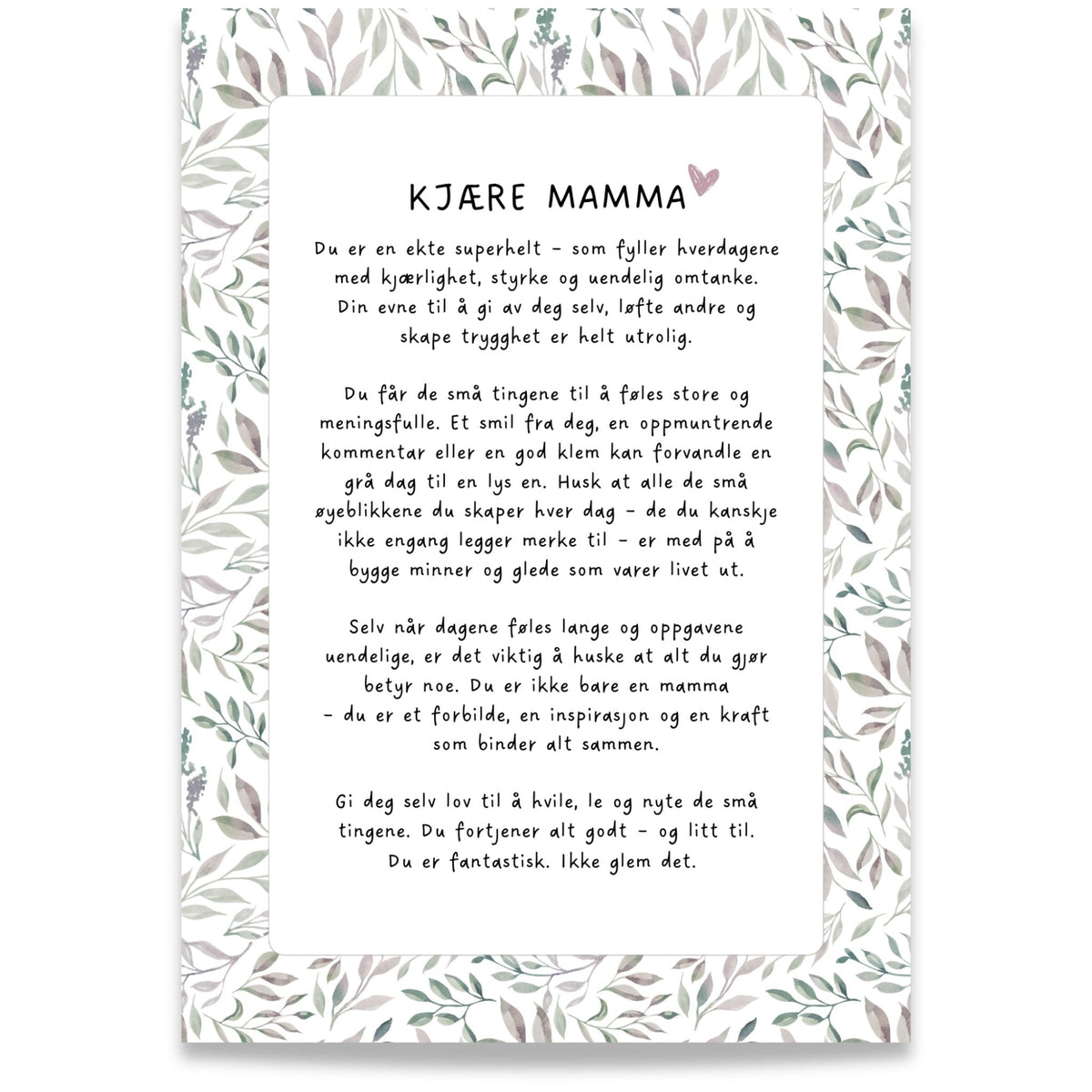 Kjære mamma – gaveplakat med kjærlige ord, lilla, beige og grønne blader