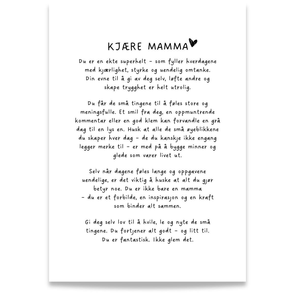 Kjære mamma - nøytral hvit gaveplakat med kjærlige ord