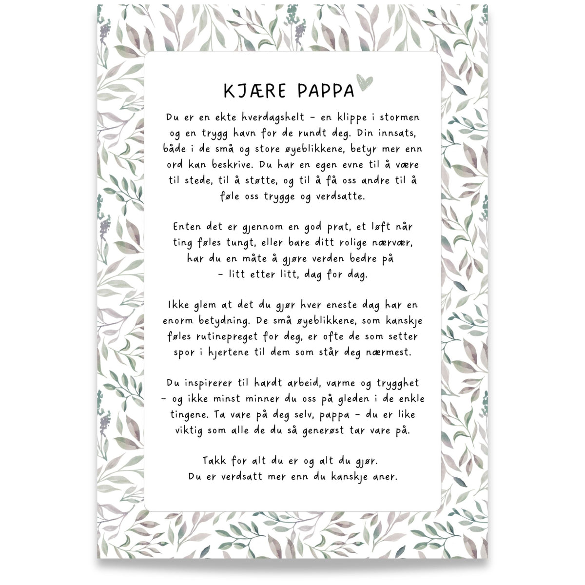 Kjære pappa – gaveplakat med kjærlige ord, lilla, beige og grønne blader