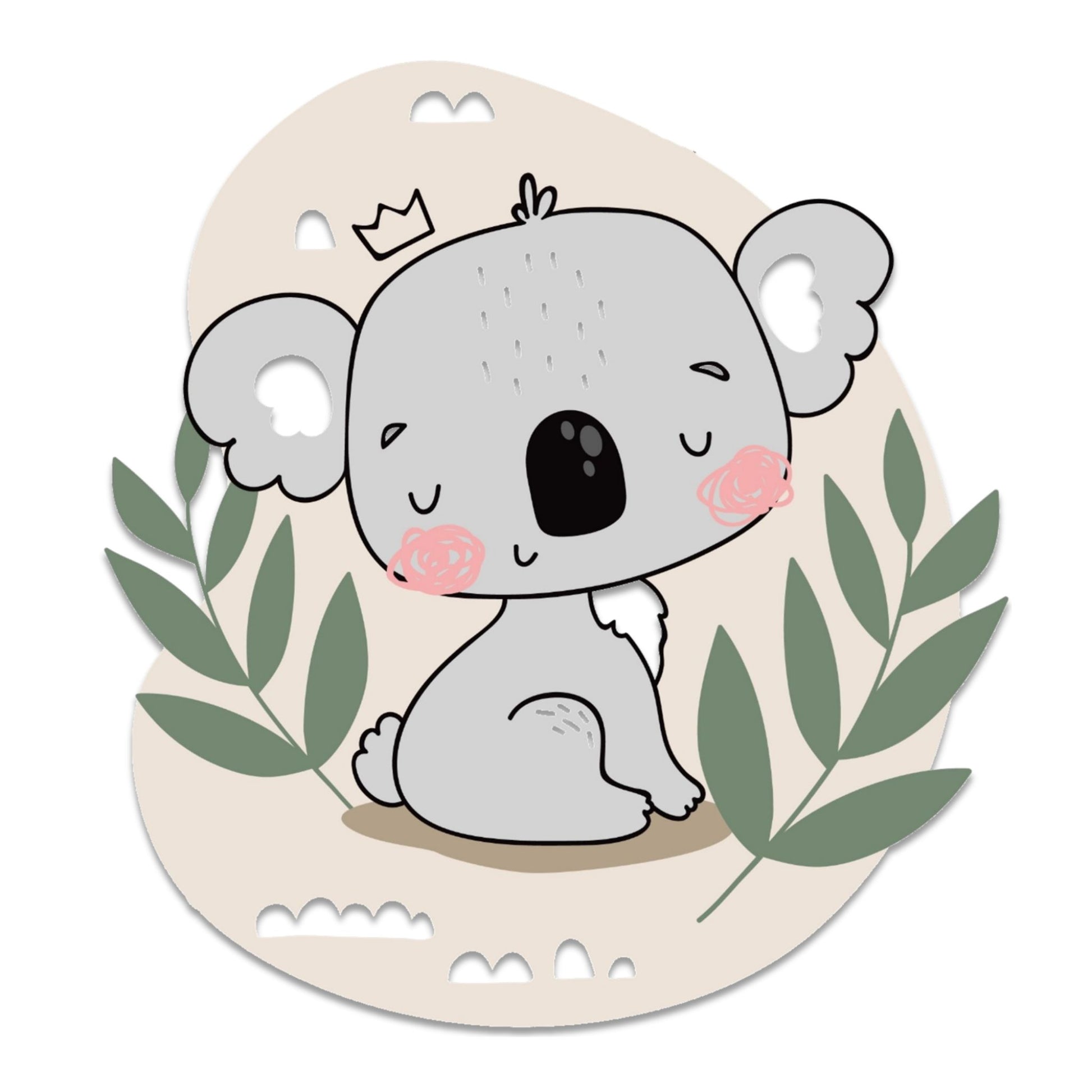 Koala barneplakat med søt koala på gren omgitt av blader