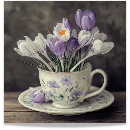 Krokus blomster i vintage kopp stilleben motiv trykket på lerret