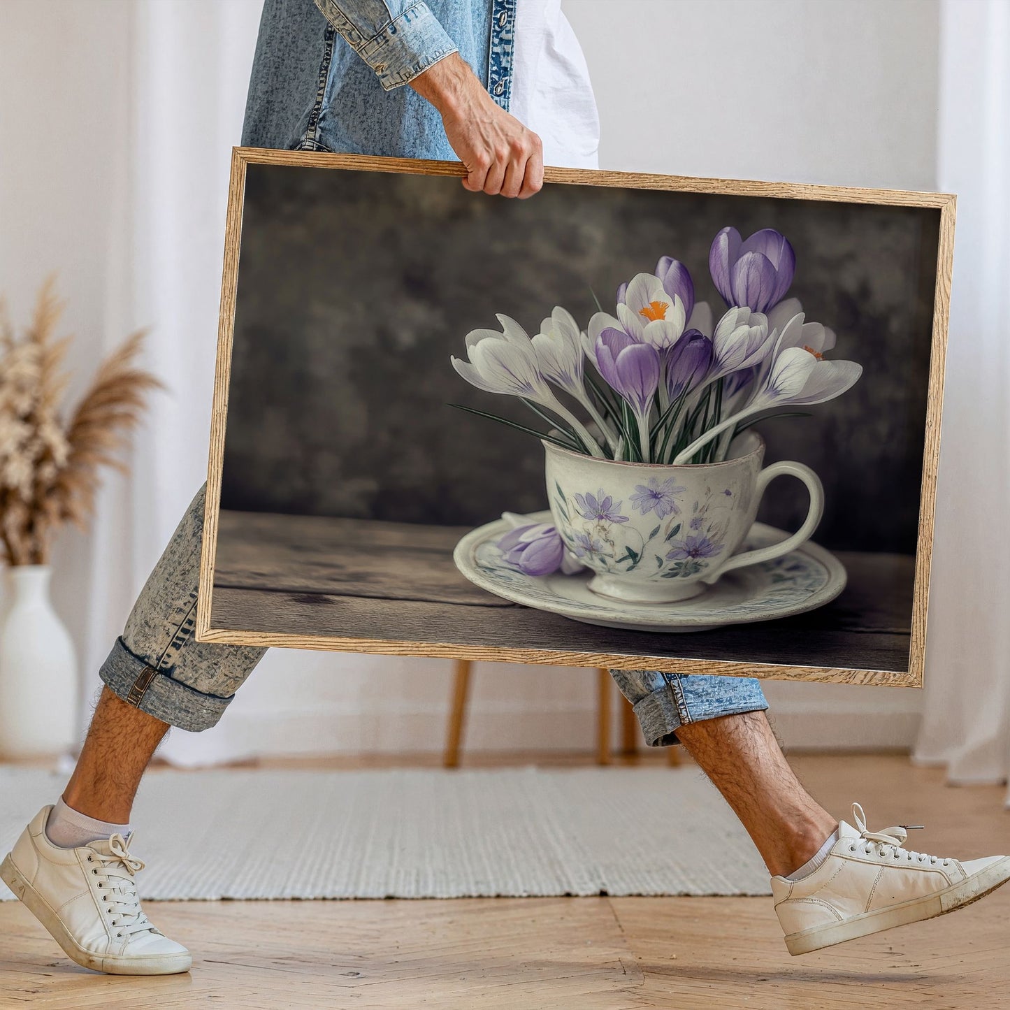 Stemningsfull plakat med krokusblomster i vintage tekopp