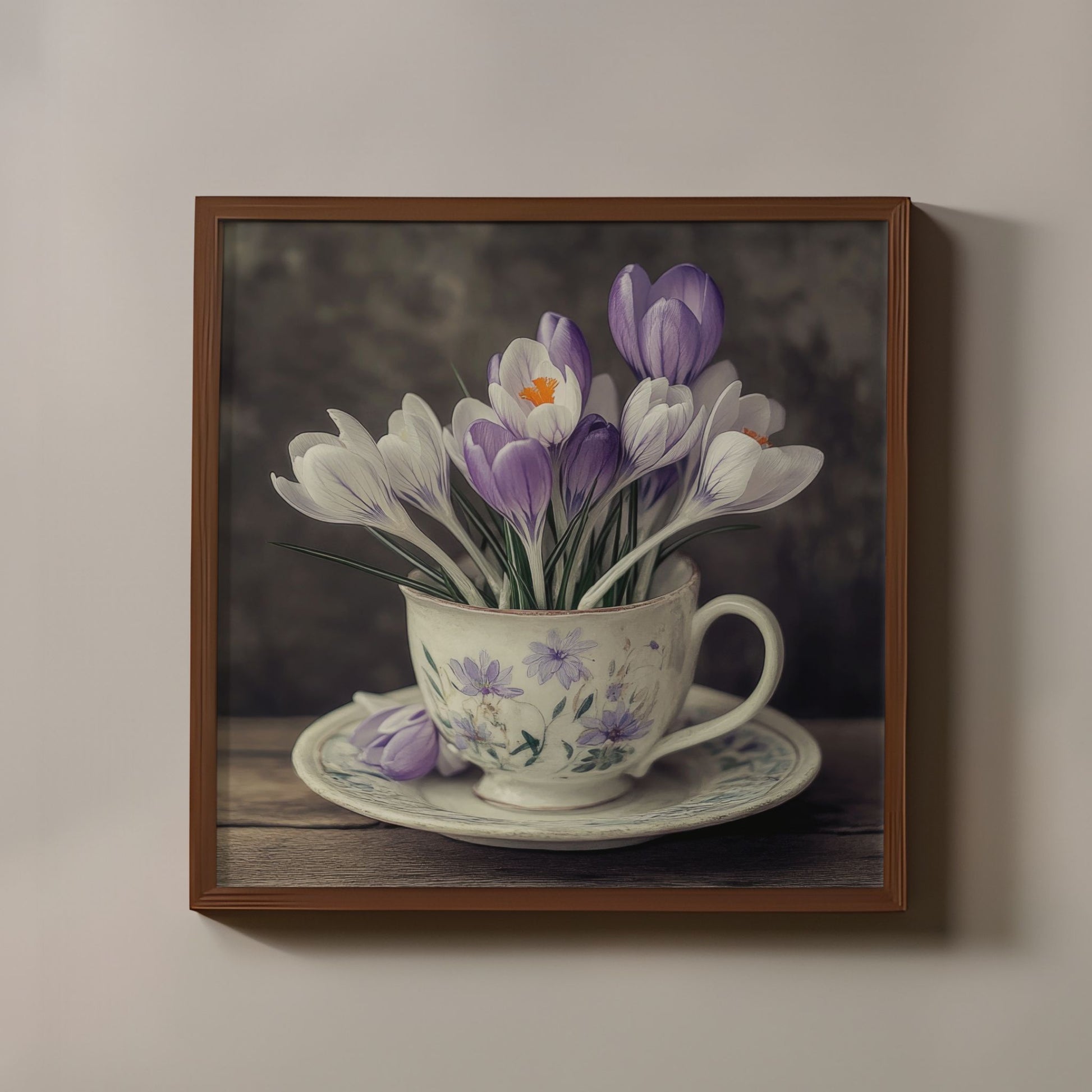 Dekorativ plakat med vårblomsten krokus i vintage kopp