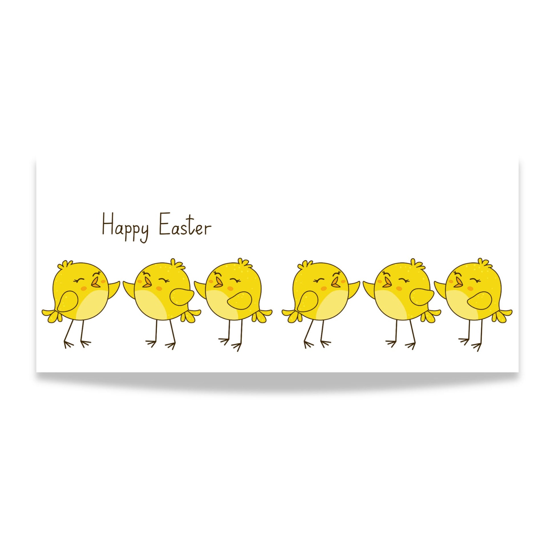 Illustrasjon av seks gule påskekyllinger på rekke med teksten Happy Easter på lys bakgrunn.