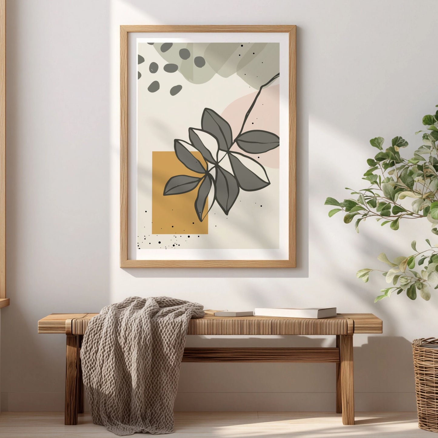 Layered Leaves grafisk botanisk plakat i eikeramme over trebenk