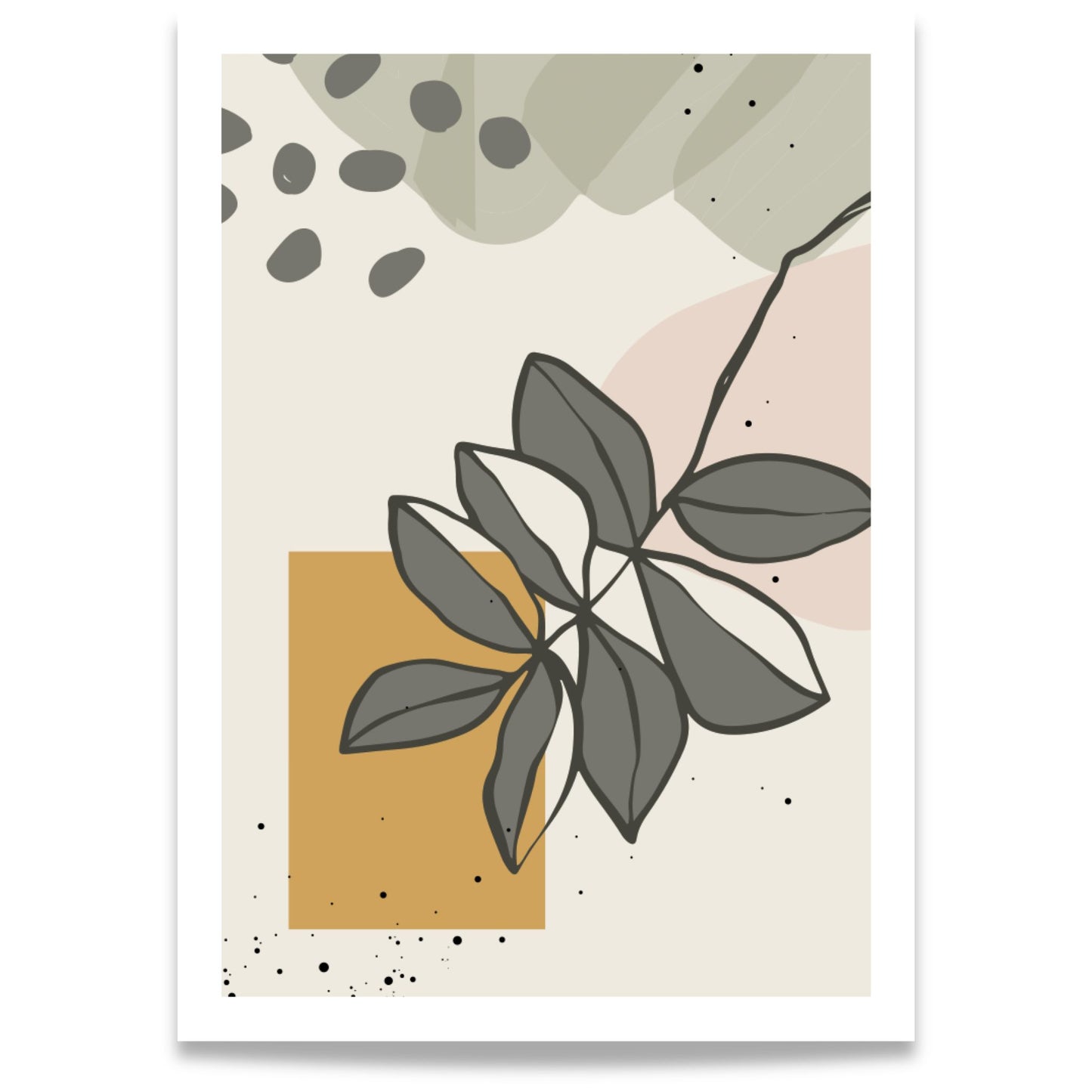 Layered Leaves grafisk plakat med botaniske bladformer i dempede naturtoner