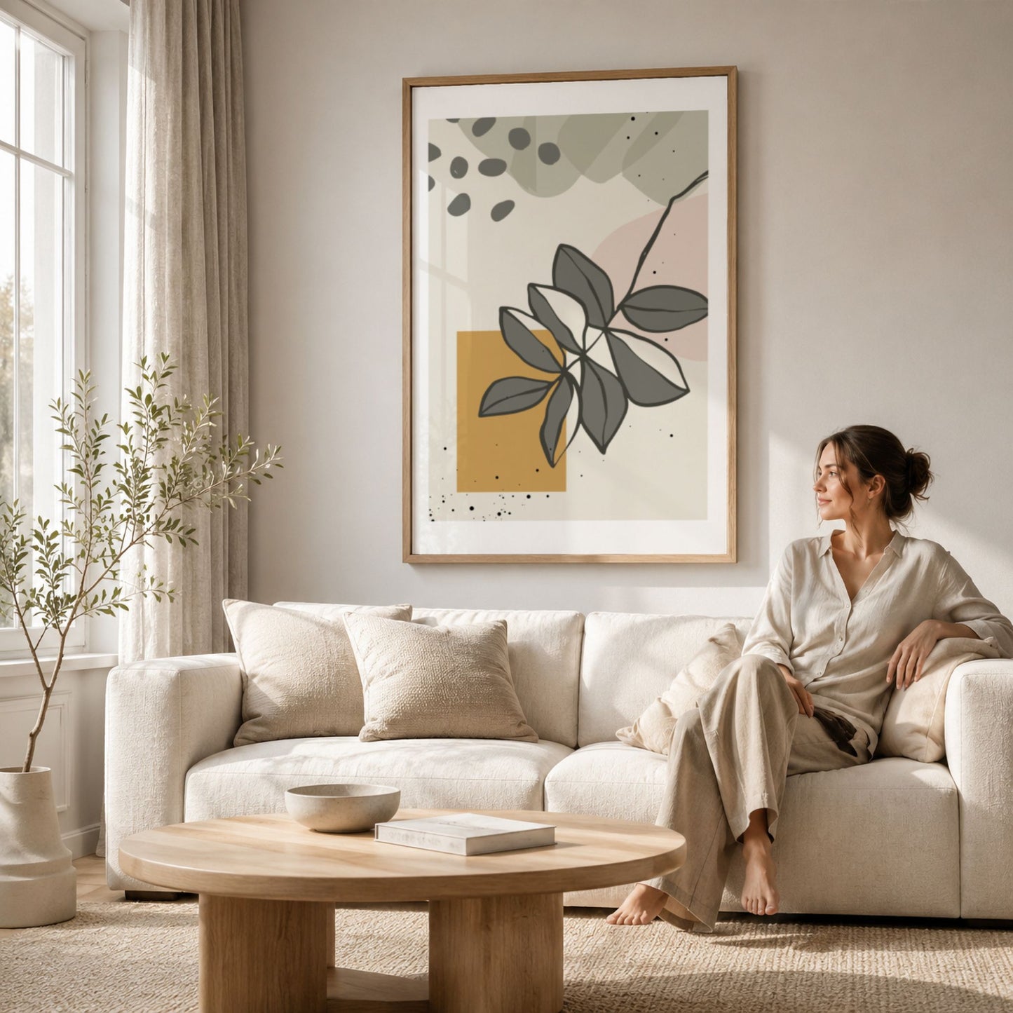 Layered Leaves grafisk plakat i eikeramme over lys sofa i moderne stue
